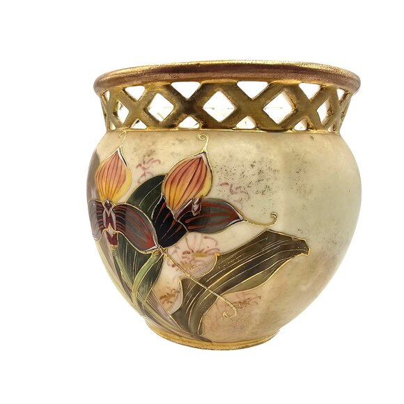 Antique 1893 Robert Hanke Porcelain Vase Lattice Rim Orchid Butterfly Design - Picture 12 of 16